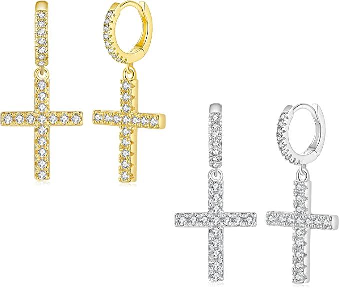 Cross Hoop Earrings Dangle 14K Gold Silver Plated - GLACIFY