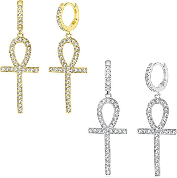 Cross Hoop Earrings Dangle 14K Gold Silver Plated - GLACIFY